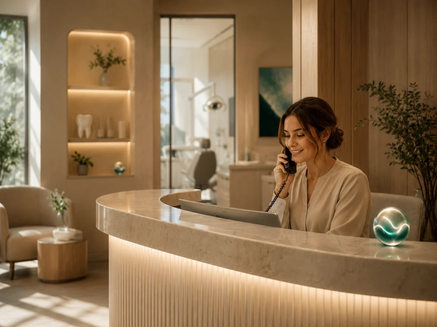 Warm dental practice reception with phone support
