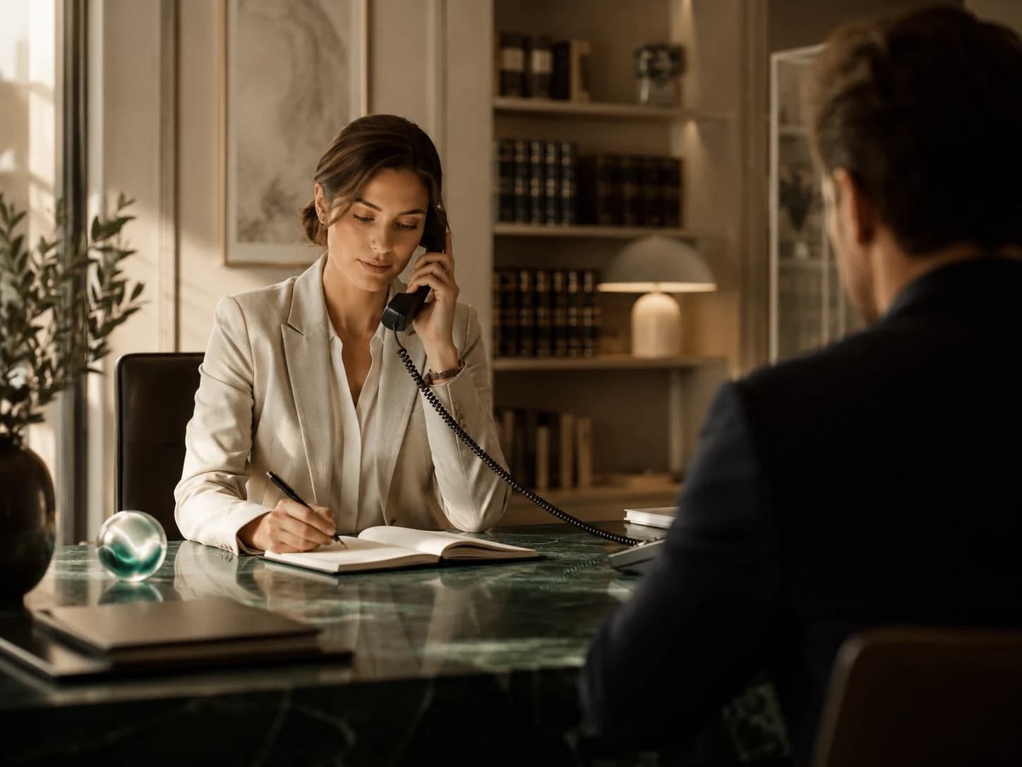 Legal office intake call with client consultation