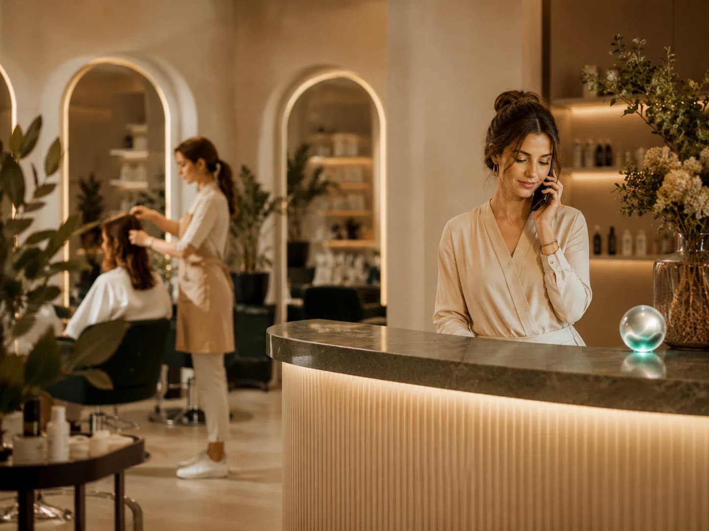 Premium salon reception during a customer appointment